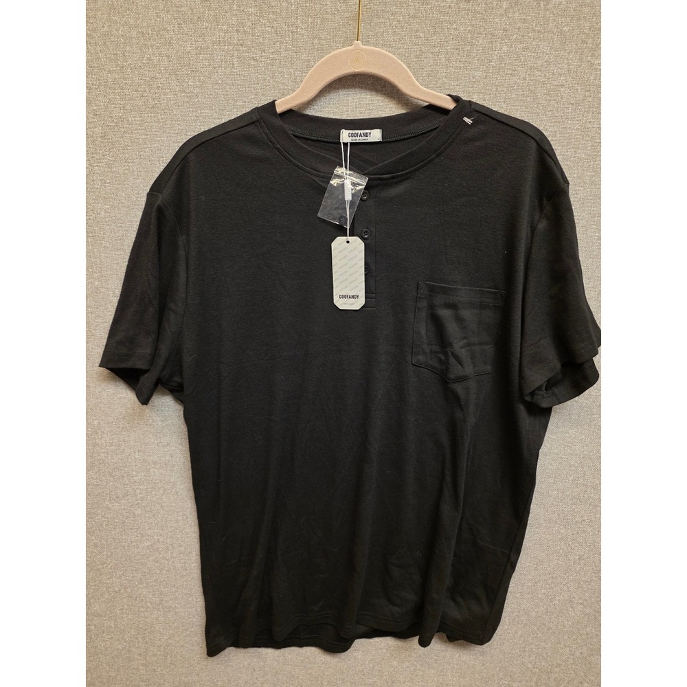 COOFANDY Mens Henley T-Shirt Black Short Sleeve Pocket Casual Top Size L NWT‎